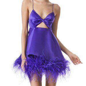 NWT ALICE + OLIVIA Necole Cutout Feather Hem Minidress In Purple 2